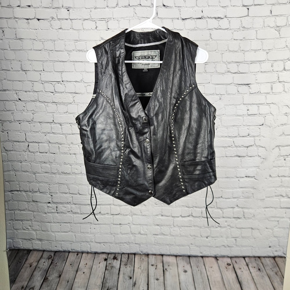 Unik Premium Black Leather Motorcycle Vest Studded Side Lace Mens 3XL